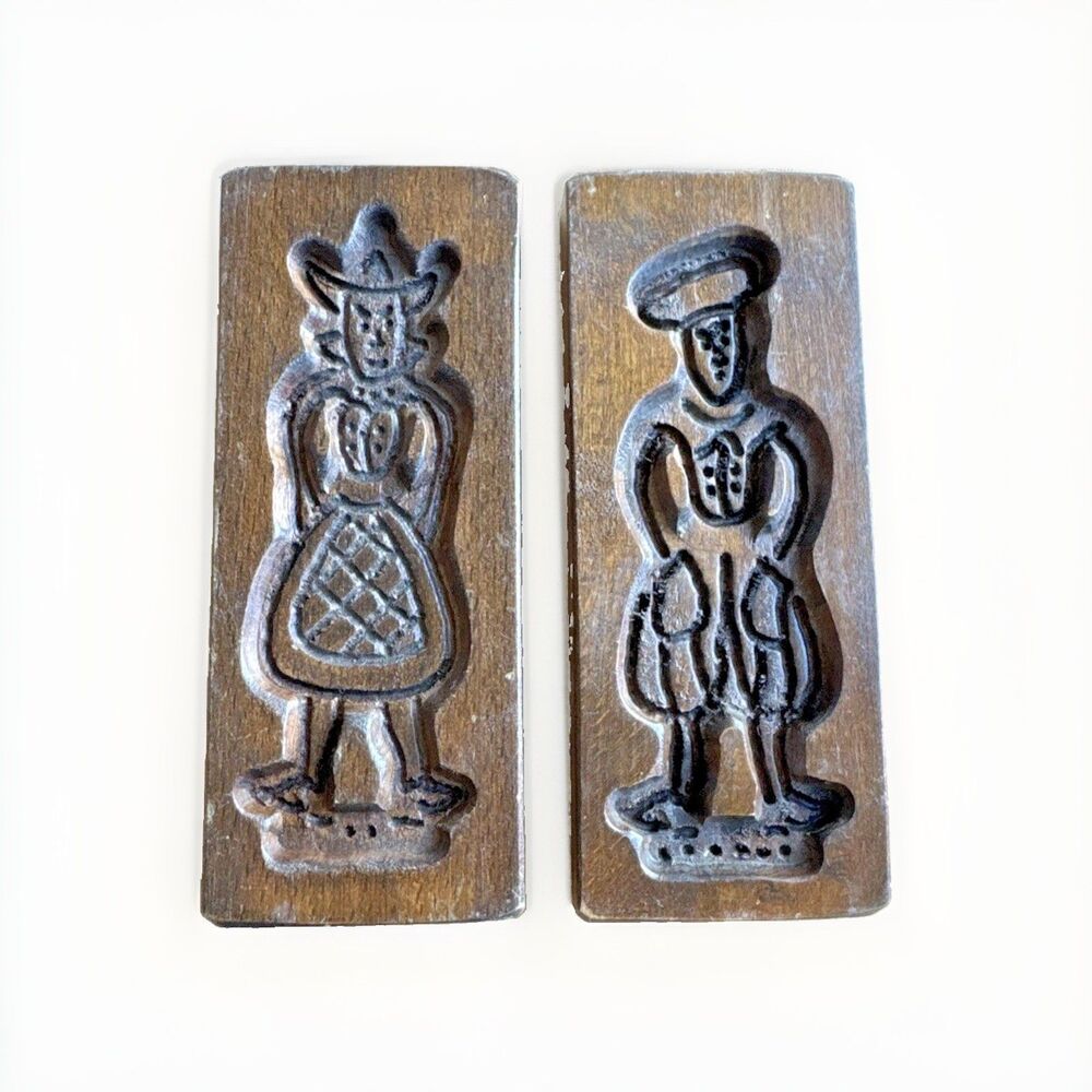 2 Vintage Dutch Hand-Carved Wooden Cookie/Biscuit Molds 7”x2.5”